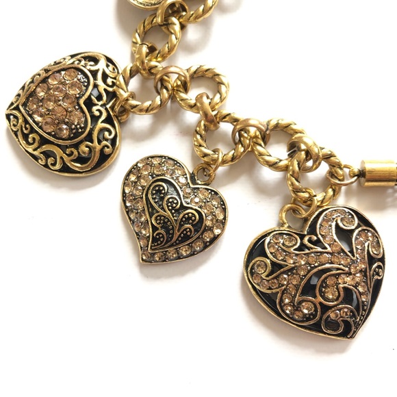 Jewelry - Statement Necklace Hearts Rhinestones Gold Tone